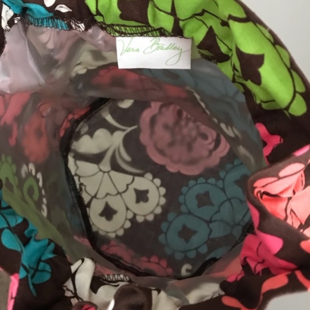 Vera Bradley Drawstring Bucket Bag Floral Waterproof Interior Brown Blue Pink - Picture 5 of 7